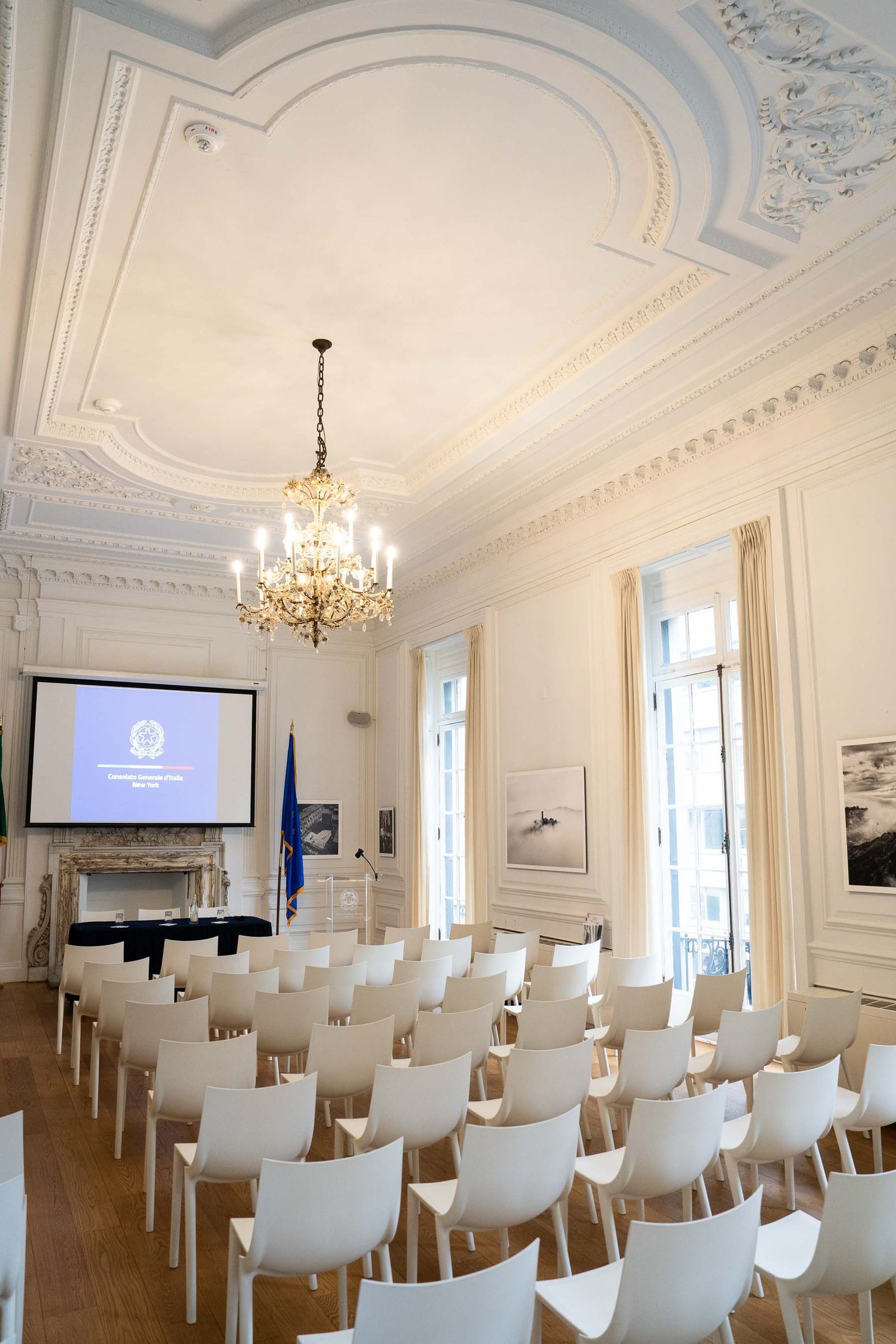 Grand event room with chandeliers set for NIAF conference Italian Consulate NYC