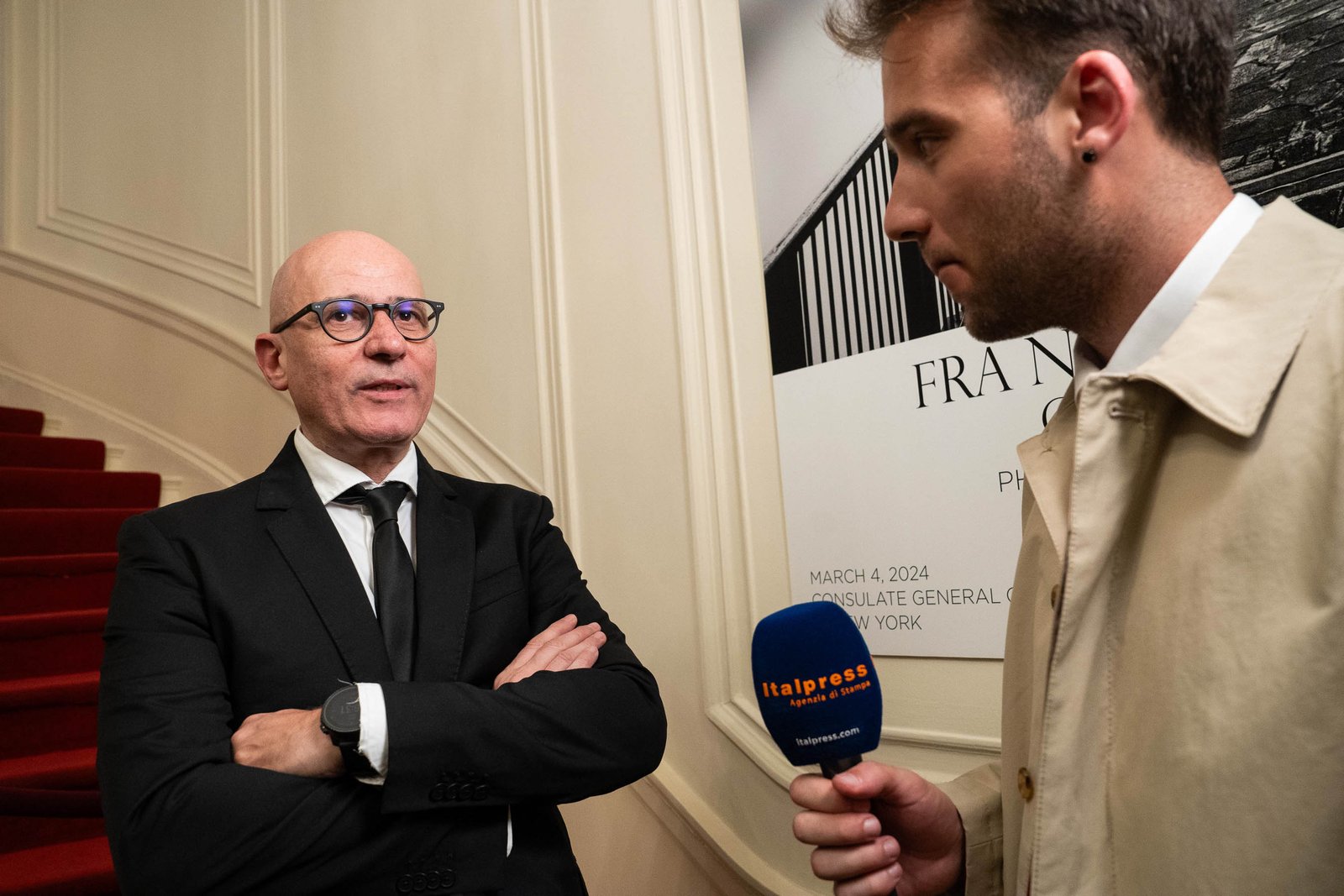 Media interview on stairs at NIAF Italian Consulate General Manhattan